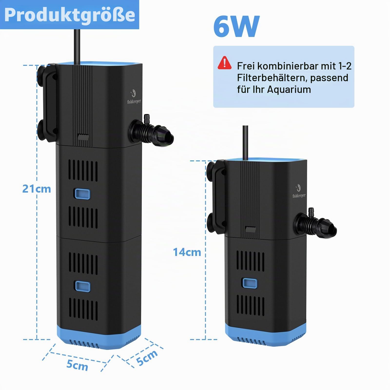 fishkeeper Aquarium Filter, Adjustable 500L/H Aquarium innenfilter für 30L-120L Aquarien, 4-in-1 Aquarium Pumpe mit Filter, Sauerstoff, Wavemaker, Filterschwamm (6W(500L/H,≤120L))