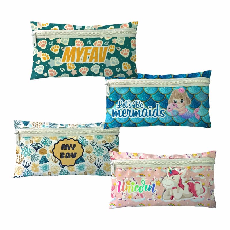 MY FAV Set of 4 Birthday Party Return Gift Polyester Pencil Pouch Cute Mermaid Print Stationery Case Box | with Zip for Students, School Supply Organizer Stationery Pouch | Navratri Gift for Girls