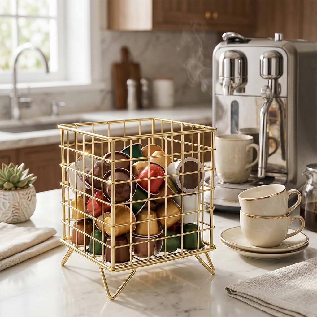 QWORK Coffee Pod Storage Basket, Metal Coffee Pod Organizer for Counter and Office, Large Capacity Coffee Bar Accessories with Cat Ear Feet, Gold Countertop Coffee Pod Holder