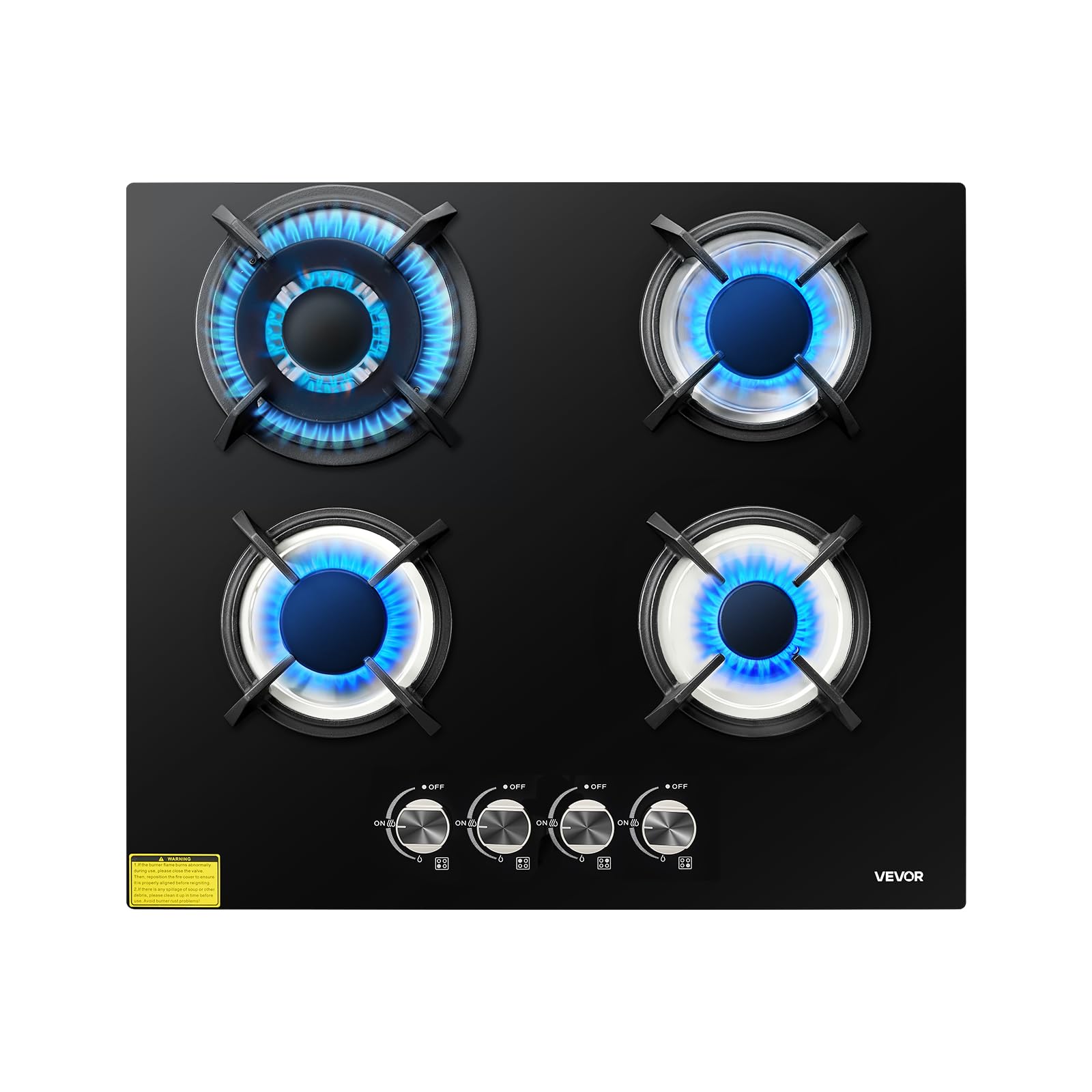 VEVOR Placa de Gas con 4 Fuegos 560 x 480 mm, Placa de Cocción de Gas Máx. 7,8 kW, Placa de Vidrio Templado Integrada, Convertible a GLP, GN, con Protección de Termopar para Sellar, Guisar, Hervir - 1