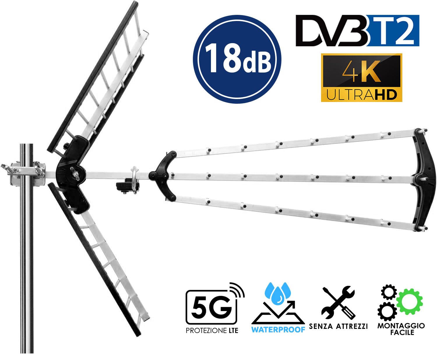 ANFEL 18db Antenna TV tripla Digitale Terrestre UHF 21-48 esterno, con filtro 5G LTE, per Ricezione il segnale Digitale Terrestre DVB-T/T2, Frequenze 470-694Mhz, Lunghezza 105cm, Nero