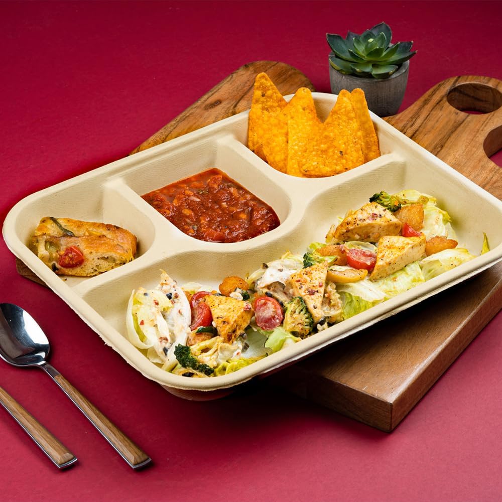 Chuk 500 Pack 4 Compartment Compostable Plates, 12 x 9.5 Inch Heavy Duty Bagasse Divided Meal Trays, PFAS Free Disposable Food Plates for Schools, Catering, Cafeteria & Bulk Service