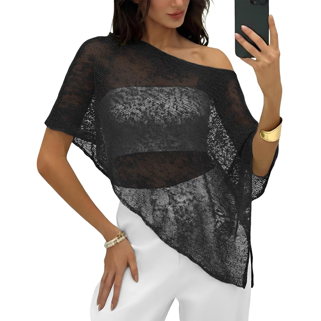 Poncho da Donna Velato Lavorato a Maglia, Trasparente Asimmetrico Coprispalle, Mantella Leggera Scialle Traforata, Estivo Poncho da Spiaggia, Elegante Protezione Solare Moda Copricostume Mare Stola