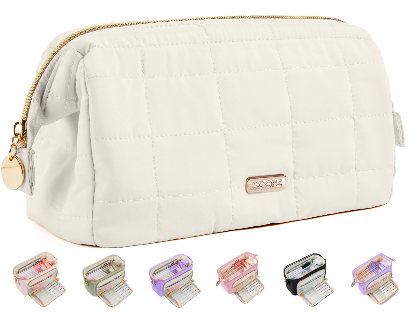 SooezLarge Pencil Case Pouch, Soft Pencil Bag with Zipper, Pen Bag Wide Opening, School Supplies Cute Pencil Case for Girls Boy Men Women, Beige