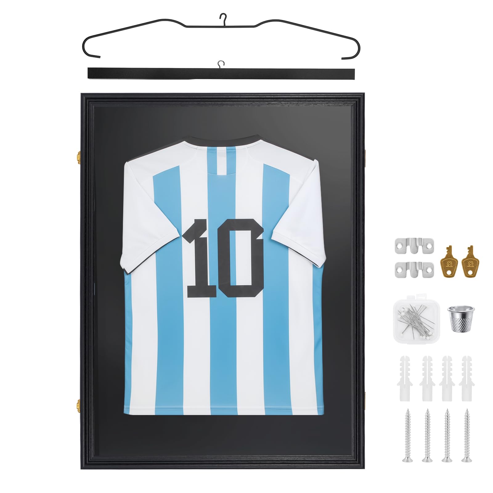 Football Shirt Frame Display Case, 80 x 60 cm Lockable Jersey Shadow Box for Adult Sports Shirts, Football Rugby or Band T-Shirts, Black Frame Mount, Wall Hanging
