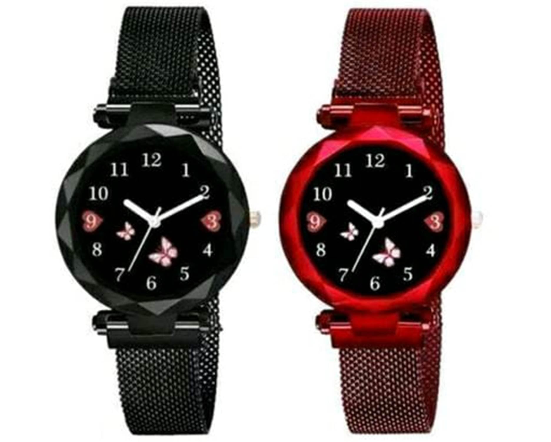 Hibbett Womens Stainless Steel Bezel Claspy Buckle Stainless Steel Case Analogue Wrist Watch-Pack of 2 (A_E_25042052_Black&Maroon) (B0C9JLFS75) Amazon Price History, Amazon Price Tracker
