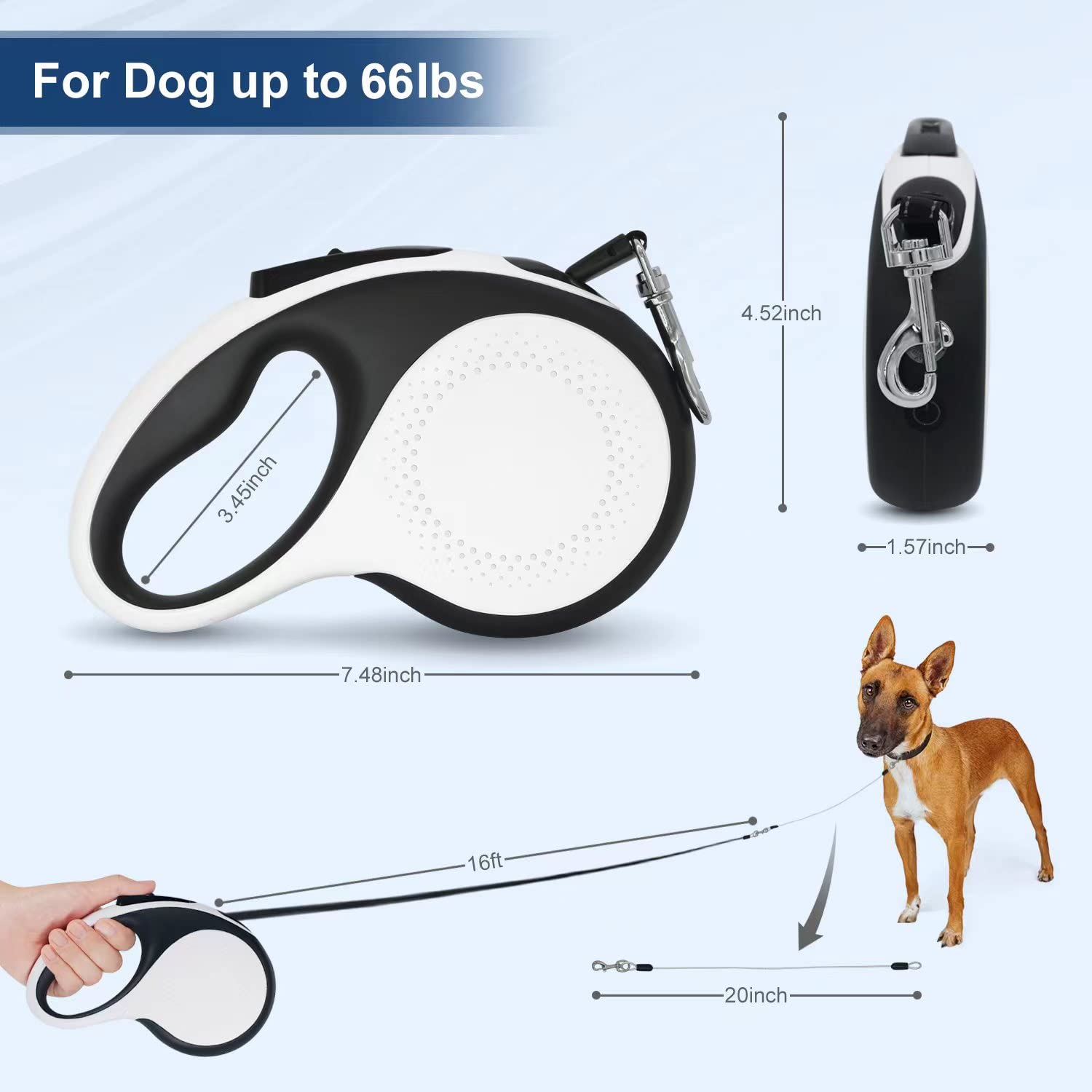 Laisse rétractable avec lumière LED rechargeable pour promenades nocturnes, laisse de promenade pour chien de 4,9 m avec câble anti-mastication, pour chiens pesant jusqu'à 30 kg (noir bleu)