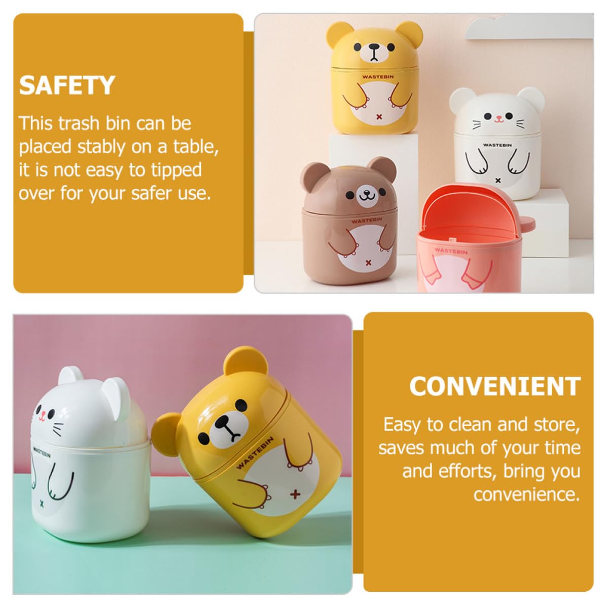 DOITOOL Mini Bote de Basura de Escritorio Ligero Pp Diseño de Oso Adorable Fácil de Abrir y Colocar Estable, Adecuado para Sala o Estudio