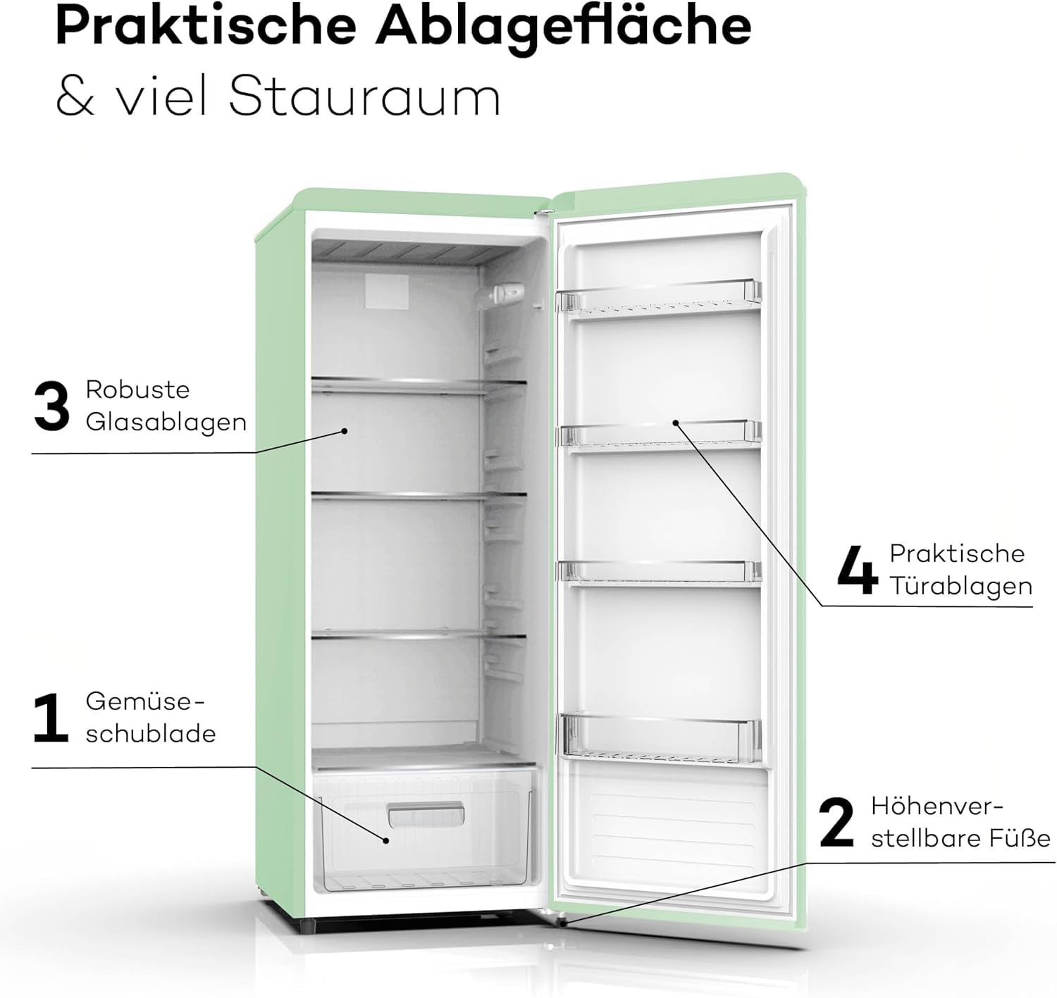 SCHOEPF – RKS245SGD Vollraum-Kühlschrank 145,6 cm – Retro Design – Grün – 238 L – LED-Beleuchtung – Höhenverst. Füße – 40 dB – Freistehend – Vintage Look - Getränkekühlschrank, Standardkühlschrank