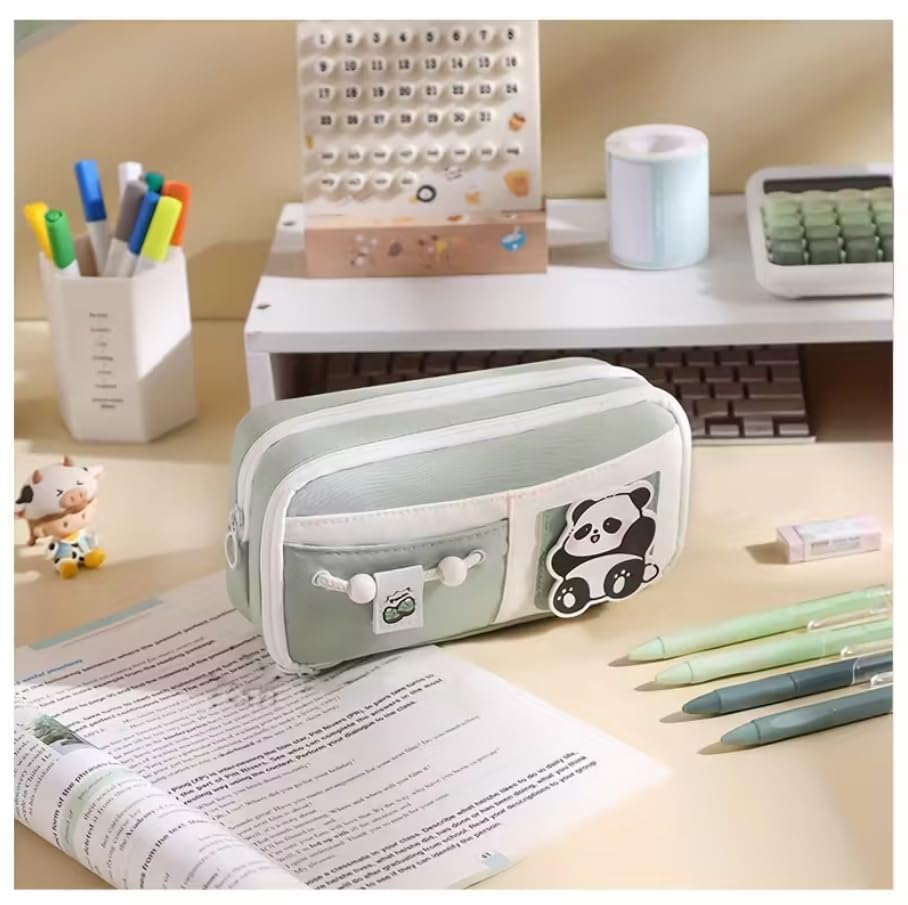 Image of Invite Enterprise Cute Cartoon Double Zipper Pencil Pouch for Girls & Boys - Large Capacity School Stationery Organizer with Front Pocket, Waterproof Fabric Pen Case for Students (Green)