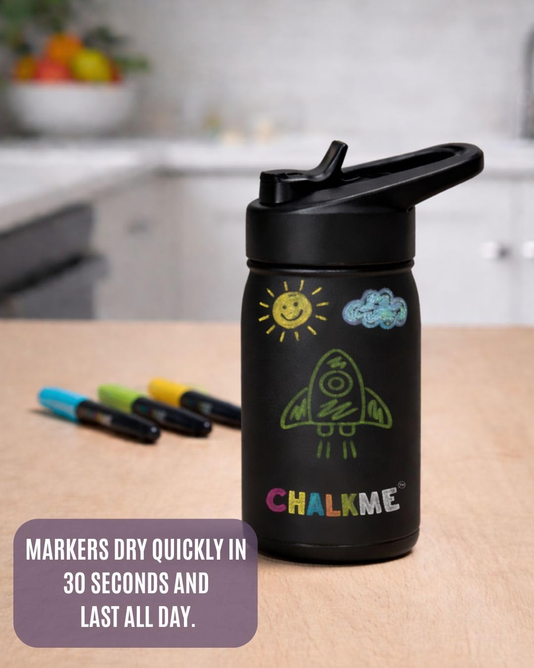 Kids Water Bottle 11.9oz Stainless Steel Vacuum Insulated with Washable Chalk Markers Included, Decorate Your Own Water Bottle, Reusable Gift for Boys and Girls