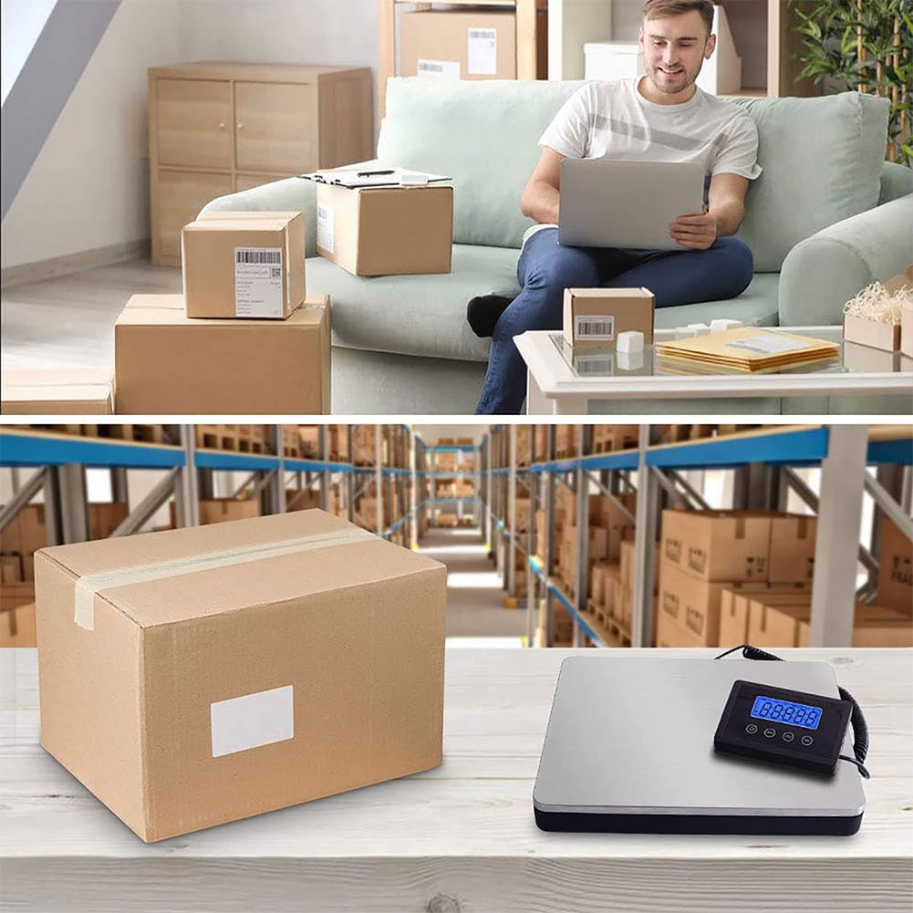 Waga wysyłkowa, wytrzymała przenośna platforma ze stali nierdzewnej z wyświetlaczem LCD Waga pocztowa, 180 kg z dużą dokładnością, z zegarem/wstrzymaniem/tarą, cyfrowa waga pocztowa