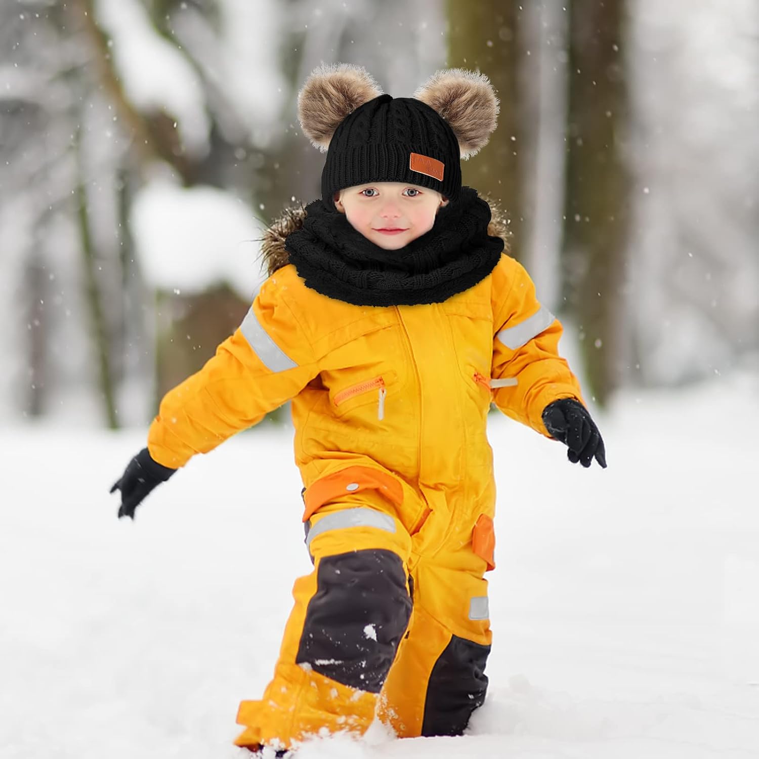 Kids Winter Beanie Hat Scarf Gloves Set,Toddlers Knit Winter Warm Double Pompom Cap Scarf Gloves for Girls Boys 1-5 Years Old