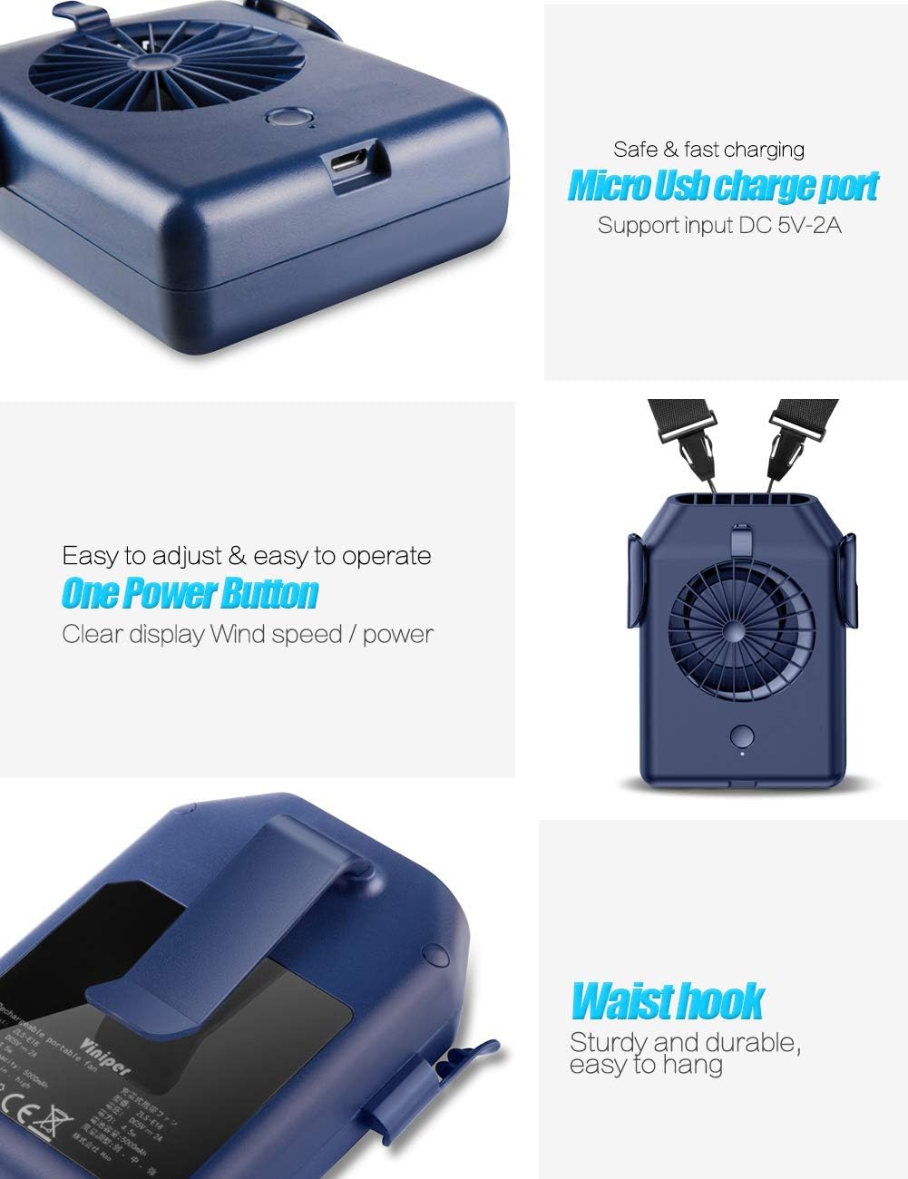 viniper Waist Clip Fan, Portable Necklace Fan : 5-22 hours Work, 3 Speeds, Rechargeable Battery Operated & Personal Waist Fan Suit for Sport, Work Outdoor (Blue) : Home & Kitchen