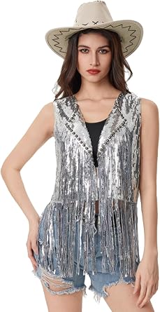 Sequin Fringe Vest - Sparkly Tassels Jacket Rivet Sleeveless Open Front Tops Glitter Party Cowgirl Concert Outfits