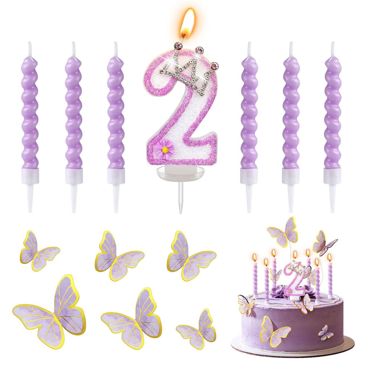Crown Theme Number 2 Birthday Candles with 6 Pcs Spiral Candle, Purple Butterfly Cake Topper for Girls Women Birthday Party, Baby Showers, Anniversary, Wedding Supplies Party Cake Decorations