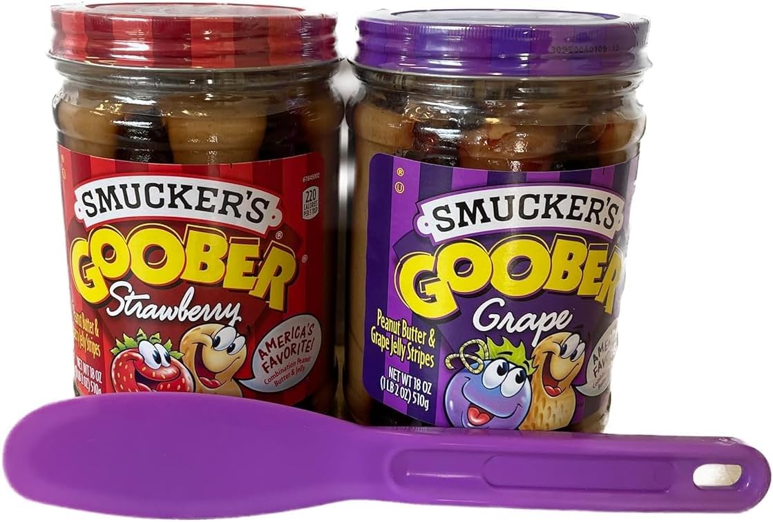 bark and lindy Smucker's Goober Grape and Strawberry Flavors Kosher Peanut Butter and Jelly Bundle 18 oz Each Jar Plus Sandwich Spreader
