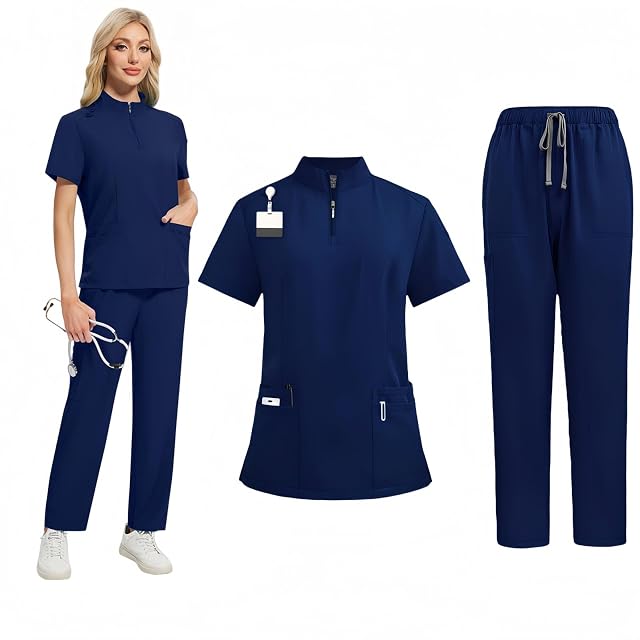 Caregiver uniform set zip-up collar top straight-leg pants unisex suitable for veterinarians and medical personnel