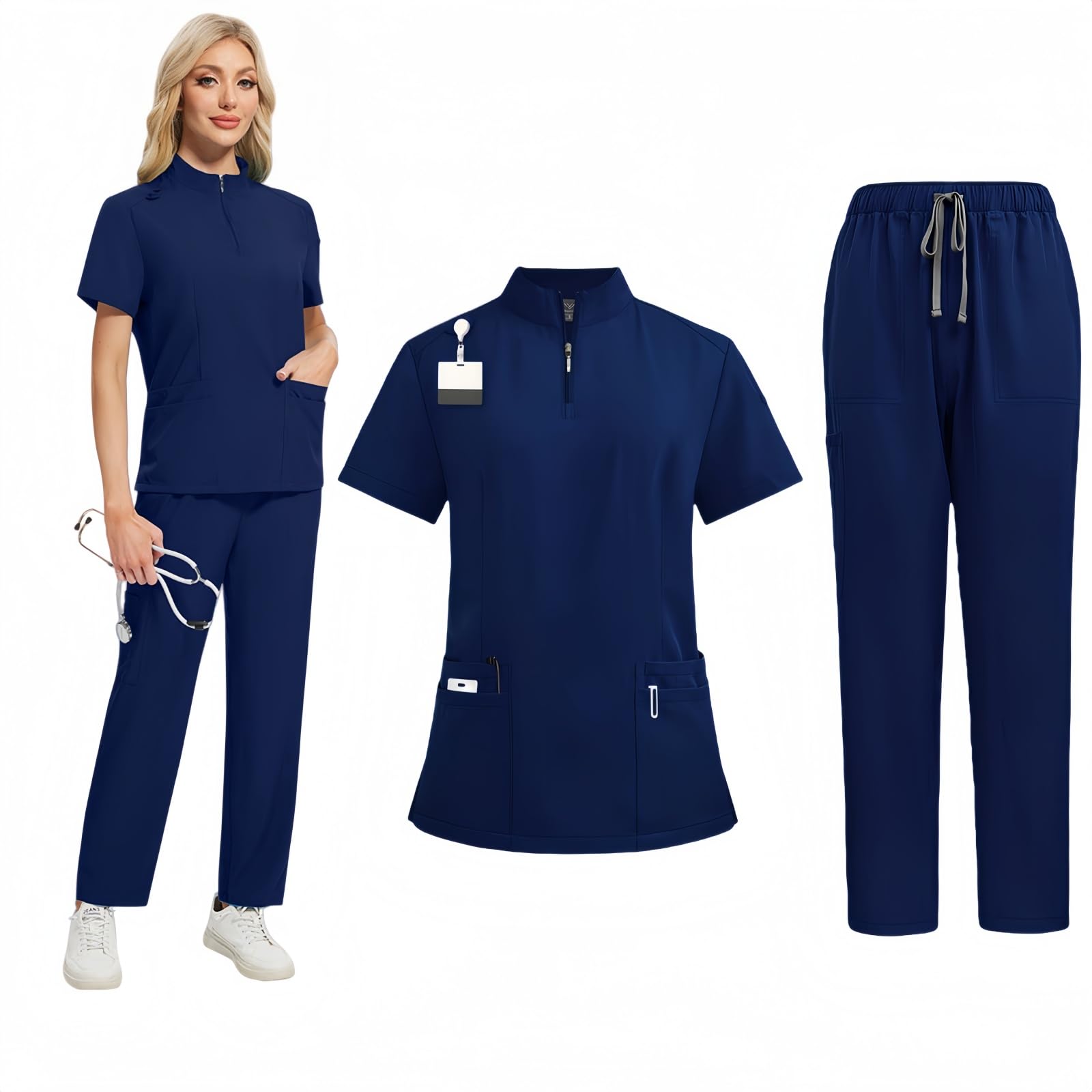 Caregiver uniform set zip-up collar top straight-leg pants unisex suitable for veterinarians and medical personnel