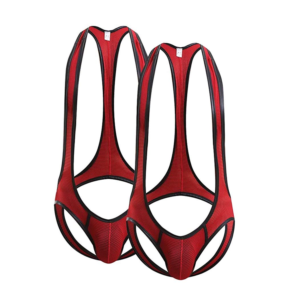 2 Pcs Mesh Leotard One-Piece Mesh Bodysuit Jockstrap Wrestling Singlet Thong Underwear for Sleepwear, Homewear, Party Night (Color : Red, Size : Small)