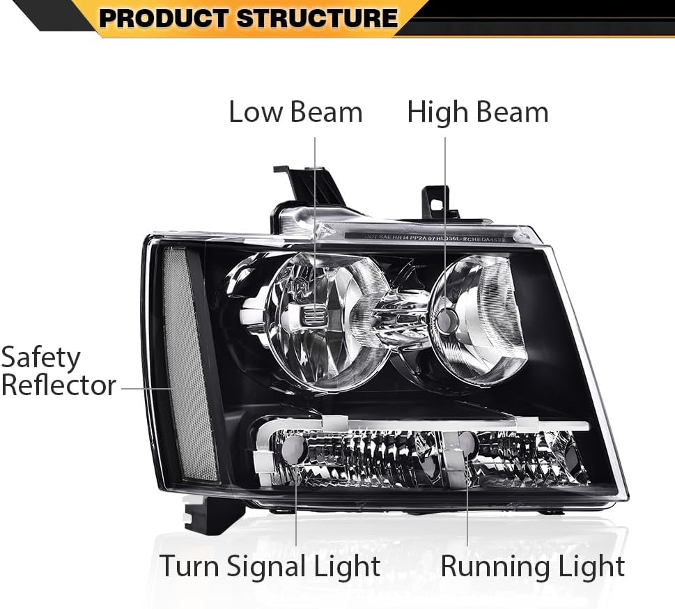 CNNELL Headlights Assembly Headlamp Compatible with 2007-2013 Chevy Avalanche/Tahoe/Suburban 1500/2500, Clear Lens Black Housing Clear Reflector
