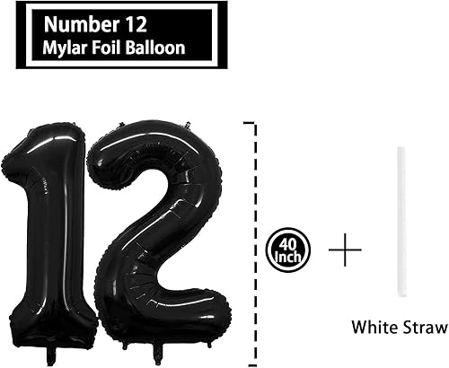 Miniatura 2 de Globo negro con el número 12 de 40 pulgadas, globos grandes de Mylar para niños de 12 años de edad, decoración de fiesta de cumpleaños, boda,