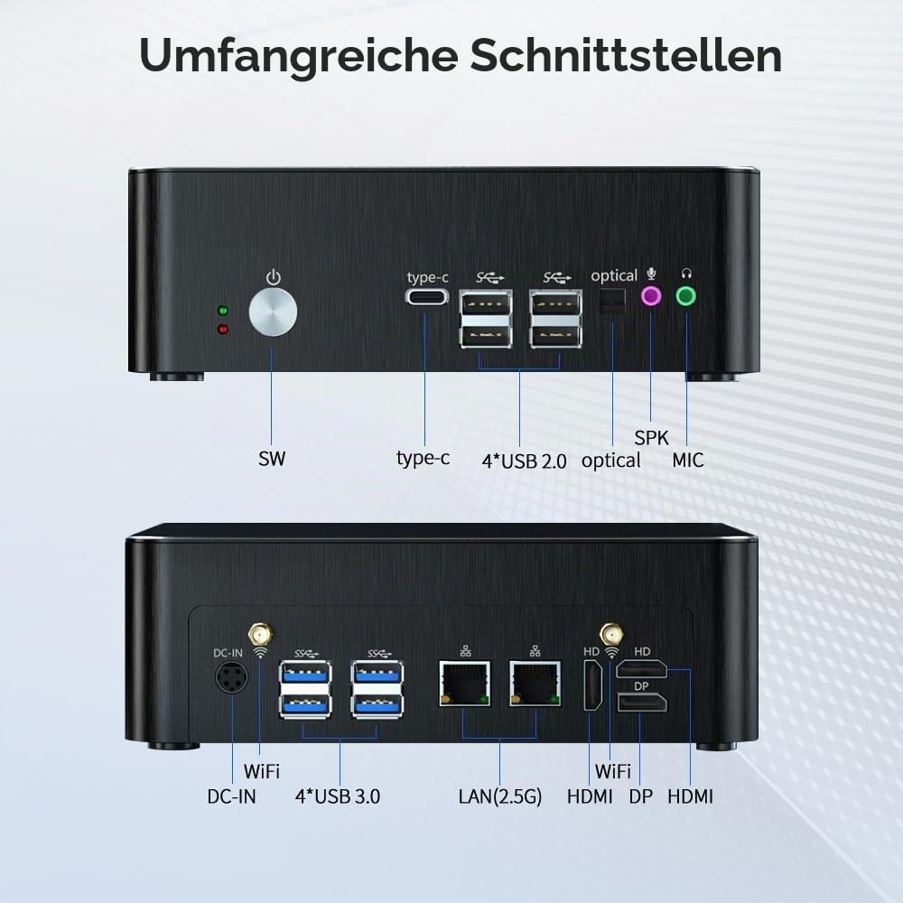 Thdeukoty Mini PC mit Core i9-9880H 2,3 bis zu 4,8GHz, 64G DDR4 1T NVME SSD, Windows 11 Pro Desktop Computer, DP*1, HDMI*2 Unterstützung Triple Display, Optical, Dual 2,5G LAN, WiFi6E/BT5,3,VESA
