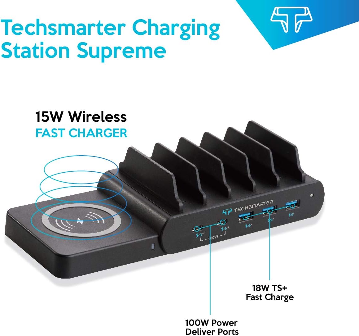 Techsmarter Charging Station with detachable 15W wireless charger.