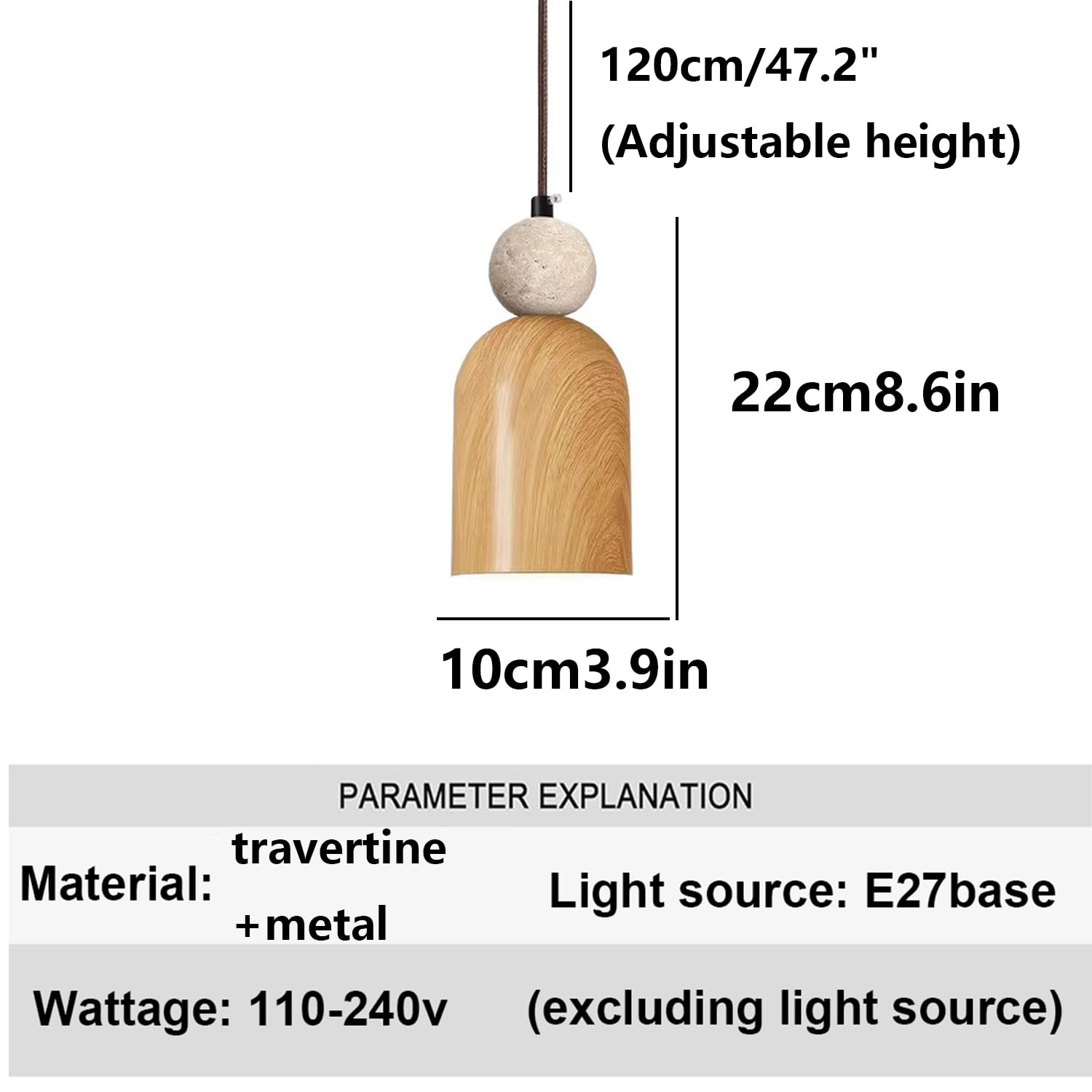Wisząca Lampa Sufitowa Z Trawertynu Żyrandol Z Wiszącą Lampą 3,9 Cala Kulisty Klosz Z Trawertynu Z Metalowym Usłojeniem Drewna Gniazdo E27 W Stylu Industrialnym Wabi-Sabi Do Restauracji I