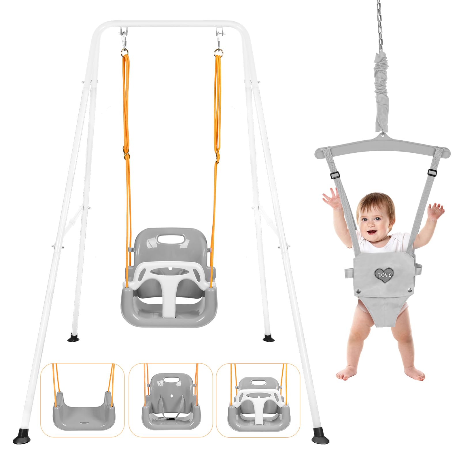 4-in-1 Swing Set & Baby Jumper and Bouncer for Toddler, Heavy Duty Baby Swing Set with Foldable Metal Stand for Indoor & Outdoor Play, Adjustable