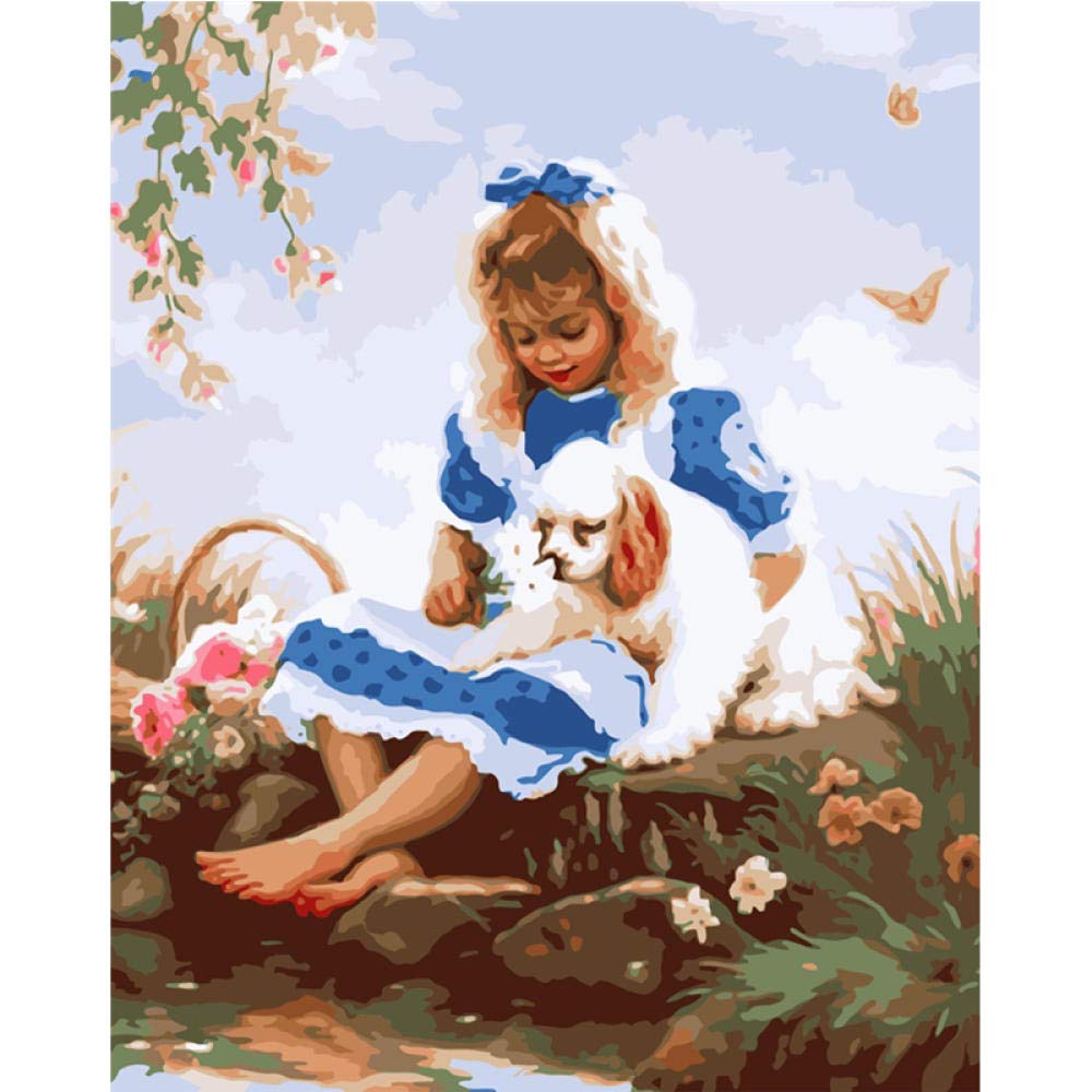 Peinture par numéros fille et chien Kenyoo avec toile et kit acrylique encadré