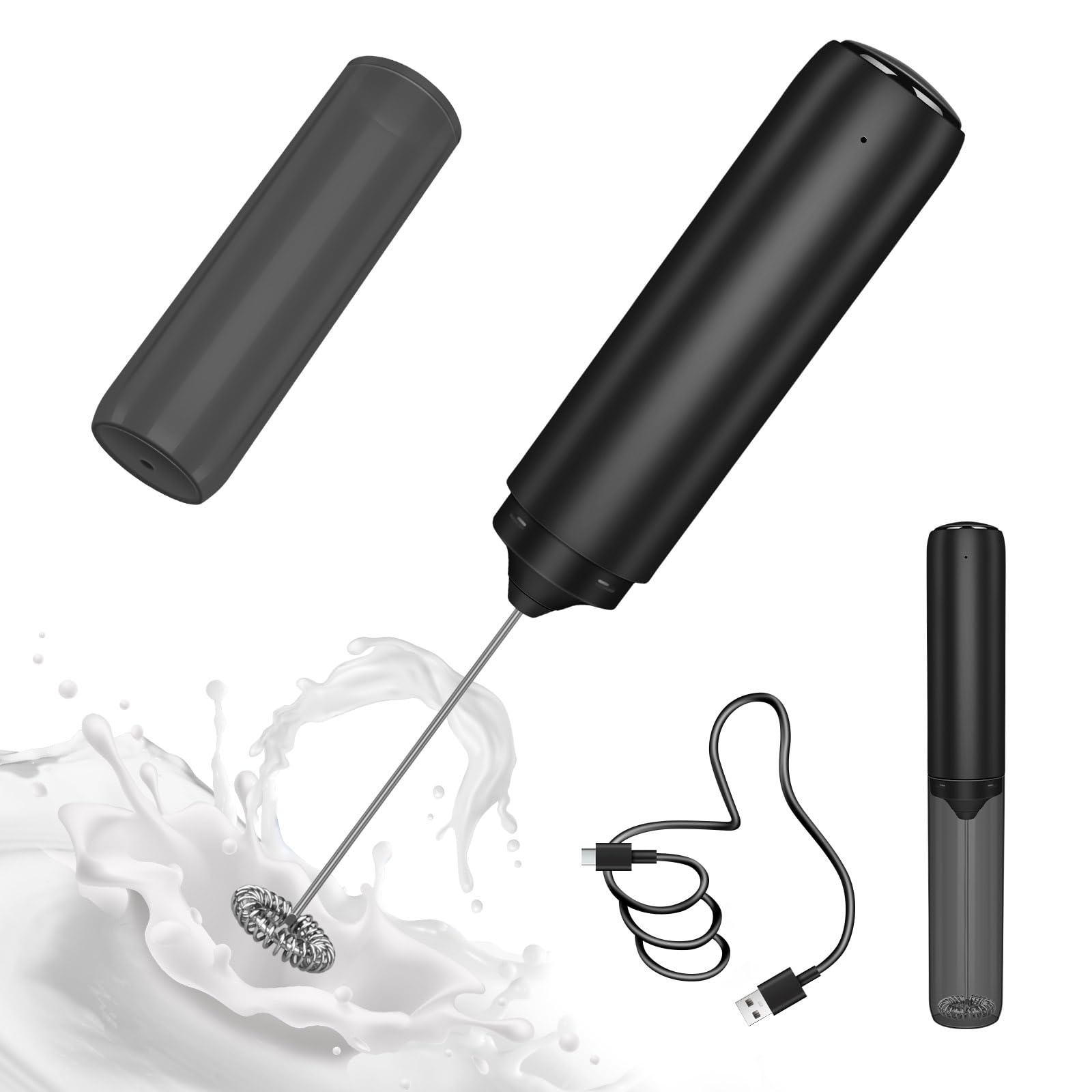 Montalatte portatile ricaricabile, bacchetta montalatte con coperchio, miscelatore per bevande e schiumatore per caffè, frusta elettrica per latte, cappuccino, matcha, cioccolata calda