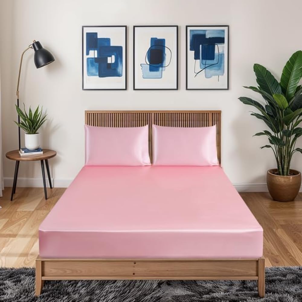 XXR 3-Piece Satin Fitted Sheet Set – Single, Double, King Sizes | Ultra-Soft Satin with Pillowcases | Elegant & Durable Bedding | Multiple Colors Available (Baby Pink, Single)