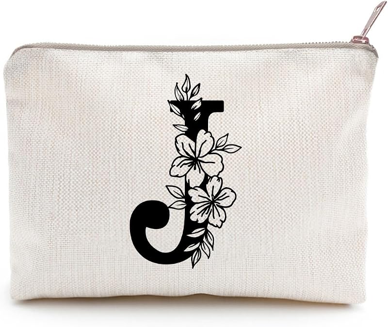 Necessaire de viagem floral LICOBG personalizada com inicial J, em linho natural, com zíper