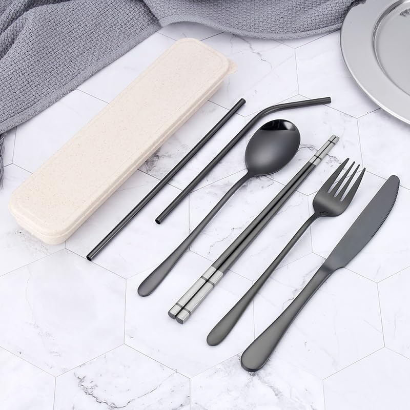 Juego De Cubiertos De Plata, 6/24/36/48/60/72 Piezas, De Acero Inoxidable 304, Portátil, con Pajita, Ideal para Viajes, Camping, Estudiantes, Cuchillo, Tenedor,Black-48 Pieces for 8