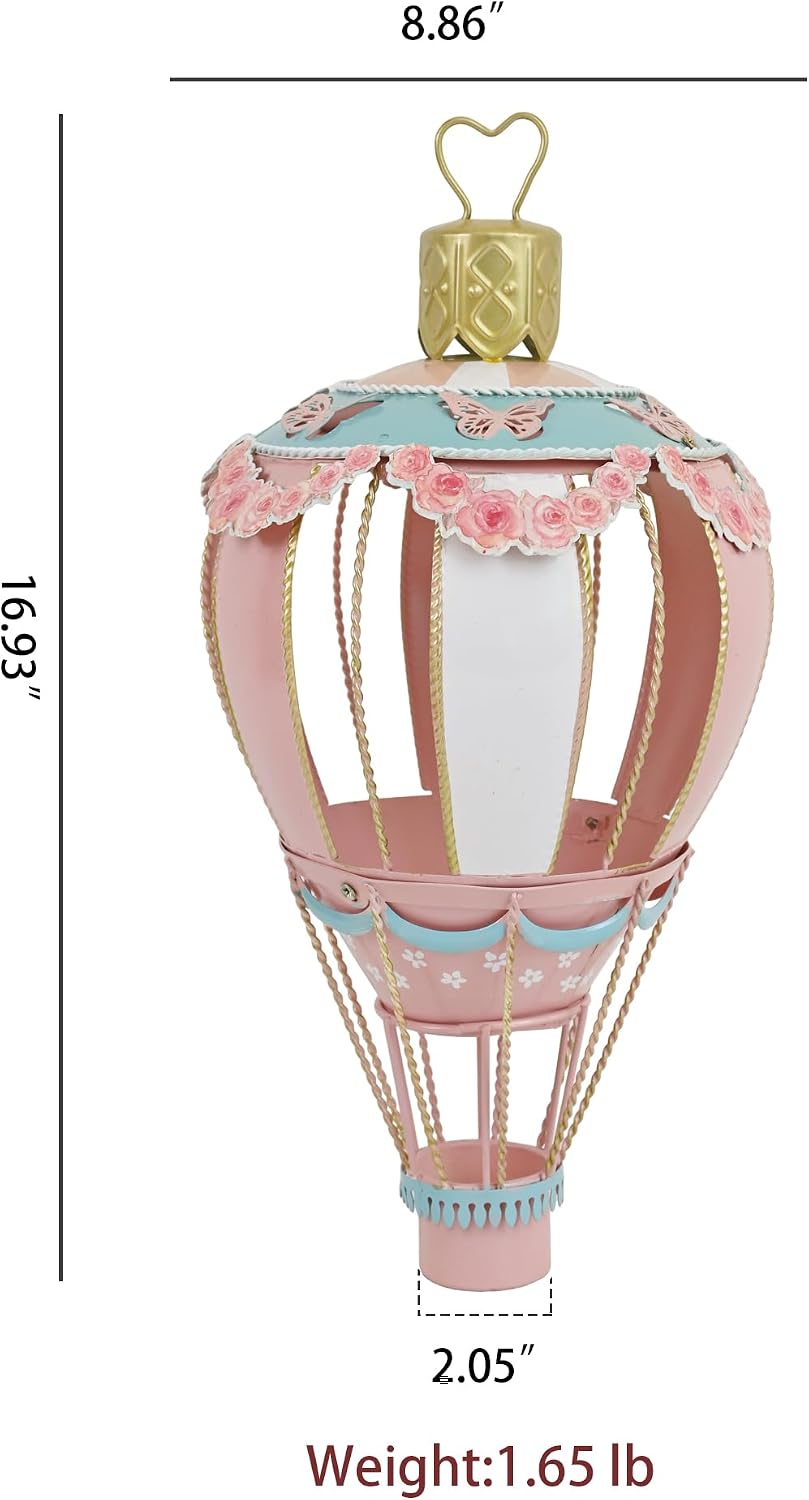 Vintage Metal Hot Air Balloon 17in Rustic Large Hanging Ornaments Christmas Tree Decorations for Home Outdoor&Indoor Party Table Centerpiece Mantel Shelf Wedding Spring Display Gift (Pink)