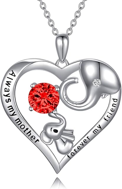 AOBOCO Mum Necklace Sterling Silver Love Heart Lucky Elephant Necklace with Birthstone Crystals, Birthday Mothers Day Jewellery Gifts for Mum from Daughter Son