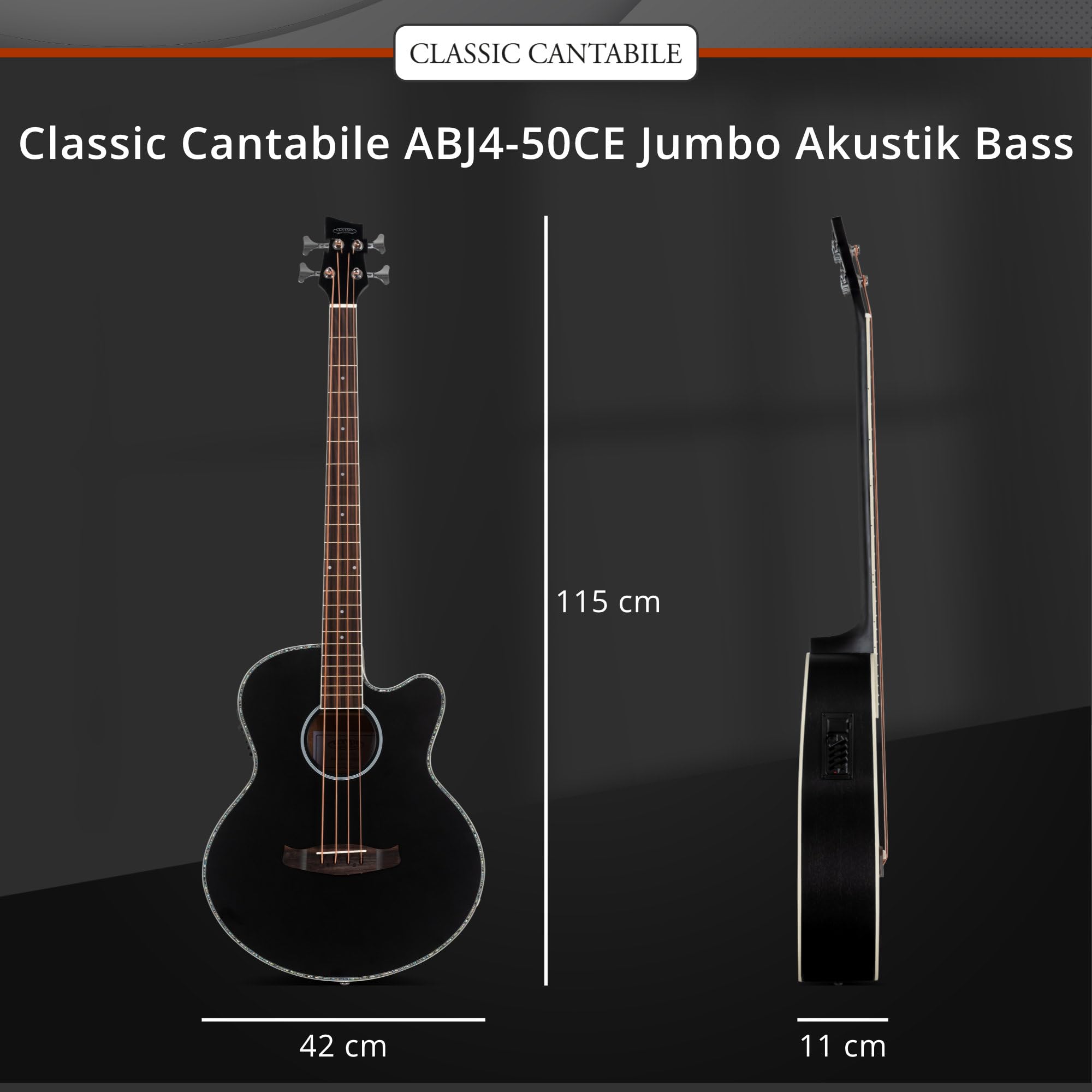 Classic Cantabile Jumbo Akustik Bass mit Tonabnehmer - 4 Saitige Bassgitarre - Jumbo mit Cutaway - Fichtendecke, Mahagoni-Korpus, Mahagoni-Hals, Palisander-Griffbrett - Farbe & Finish in Schwarz Matt