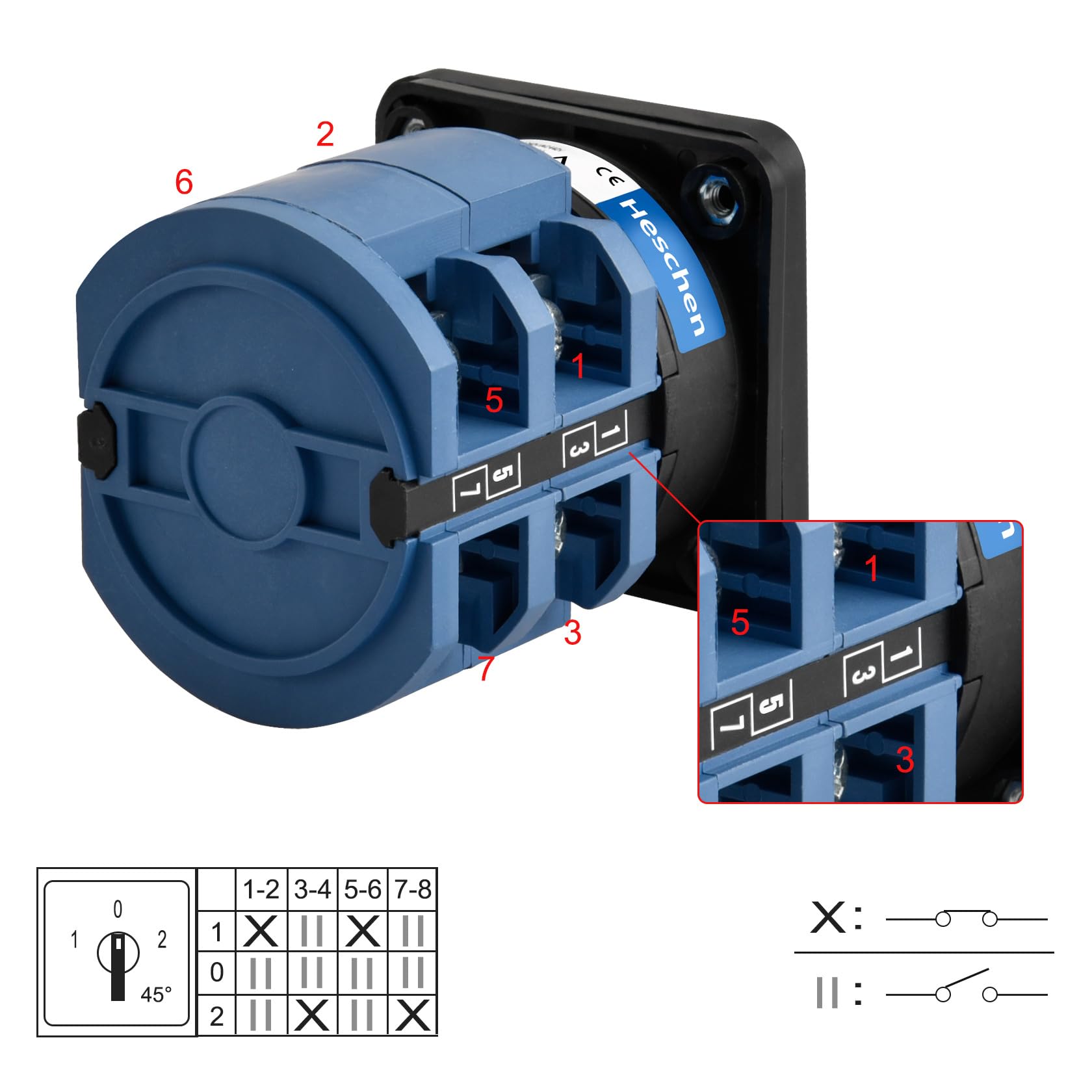 Heschen Sélecteur de came rotatif universel SZW26-63/D202.2, 660 V 63 A, ON-OFF-ON 3 positions, 2 phases, 8 bornes, CE
