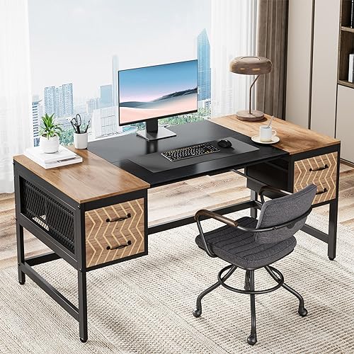 Tribesigns Computer Executive Desk with Drawers: 63' Computer Desk with 4 Storage Drawers, Wood Farmhouse Study Writing Table, Herringbone Business Furniture for Home Office