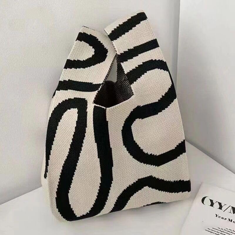 Image of Women Knitted Hobo Purse Stripes Crocheted Colorblock Knot Light Wristlet Tope-hanle Handbag For Shopping Work School