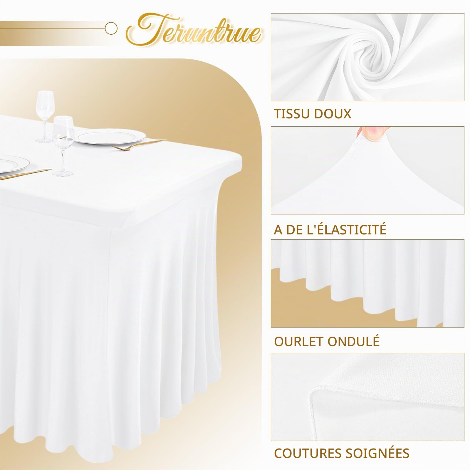 Teruntrue Jupe de Table en élasthanne de 2,4 m Extensible avec Jupe, Jupe de Table Lavable pour Table rectangulaire de 2,4 m pour Mariage, fête d'anniversaire, expositions, Bar à Cocktails (Blanc)