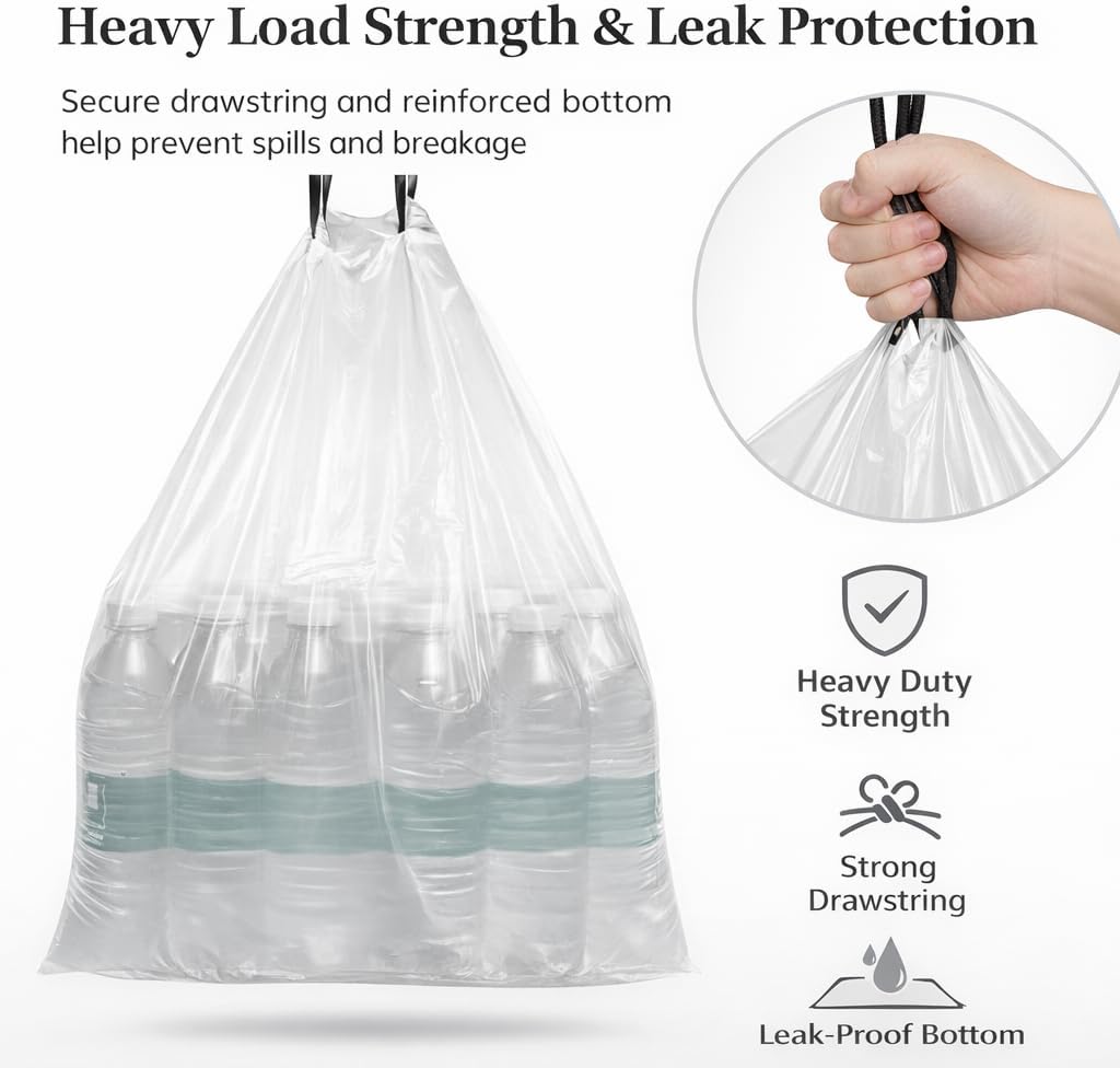 10 Gallon Drawstring Trash Bags, 100 Count, 1 Mil Extra Strong White Medium Garbage Bags, Unscented Trash Liners for 30L-40L (8-10 Gal) Cans, for Household use