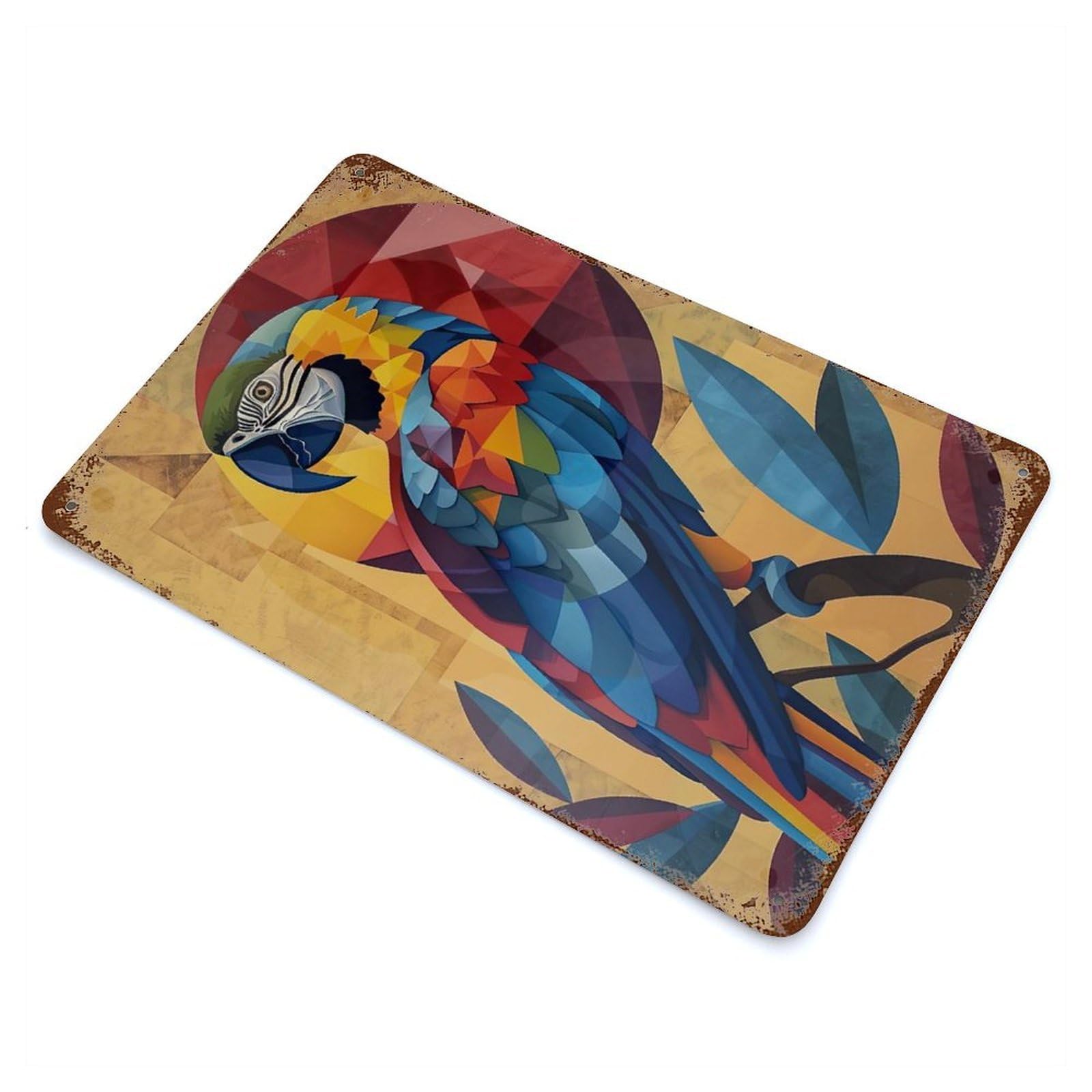 Geometric Macaw Art Aged Metal Wall Plaque 11.8"x7.9", Ideal for Garage, Bar And Workshop Decor
