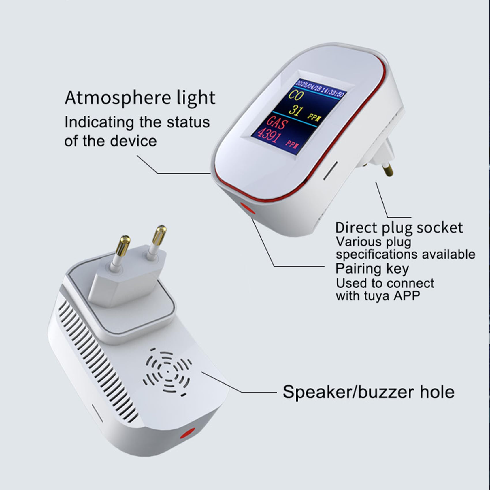 Rilevatore di Monossido di Carbonio e Gas WiFi con Spina, Allarme CO + Gas Naturale Metano GPL Propano Butano, Display LED, Monitoraggio App Tuya/Smart Life, Certificazione EN50291 & EN50194
