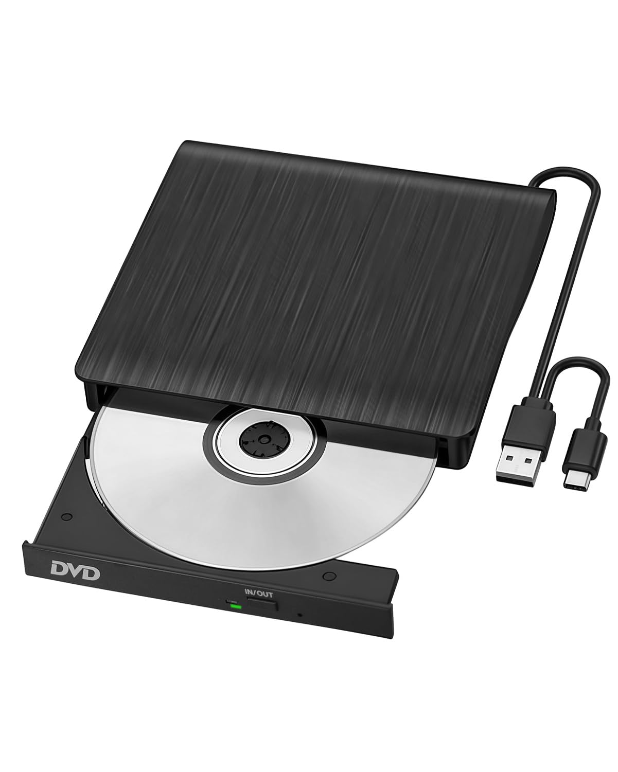 External CD DVD Drive USB Portable Tray Loading Optical Drive DVD-ROM CD-ROM Reader for Laptop Desktop All-in-One Computer Compatible with Windows and Mac OS Black Brushed Dual Cable Design
