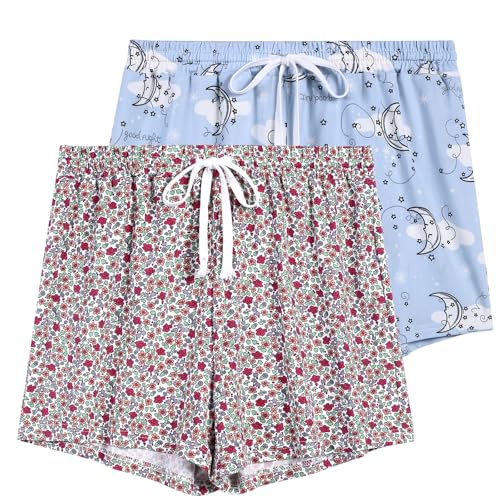 Image of 2 Pack Pajama Shorts for Women Cotton Sleep Shorts Casual Lounge Pants Drawstring Pj Bottoms