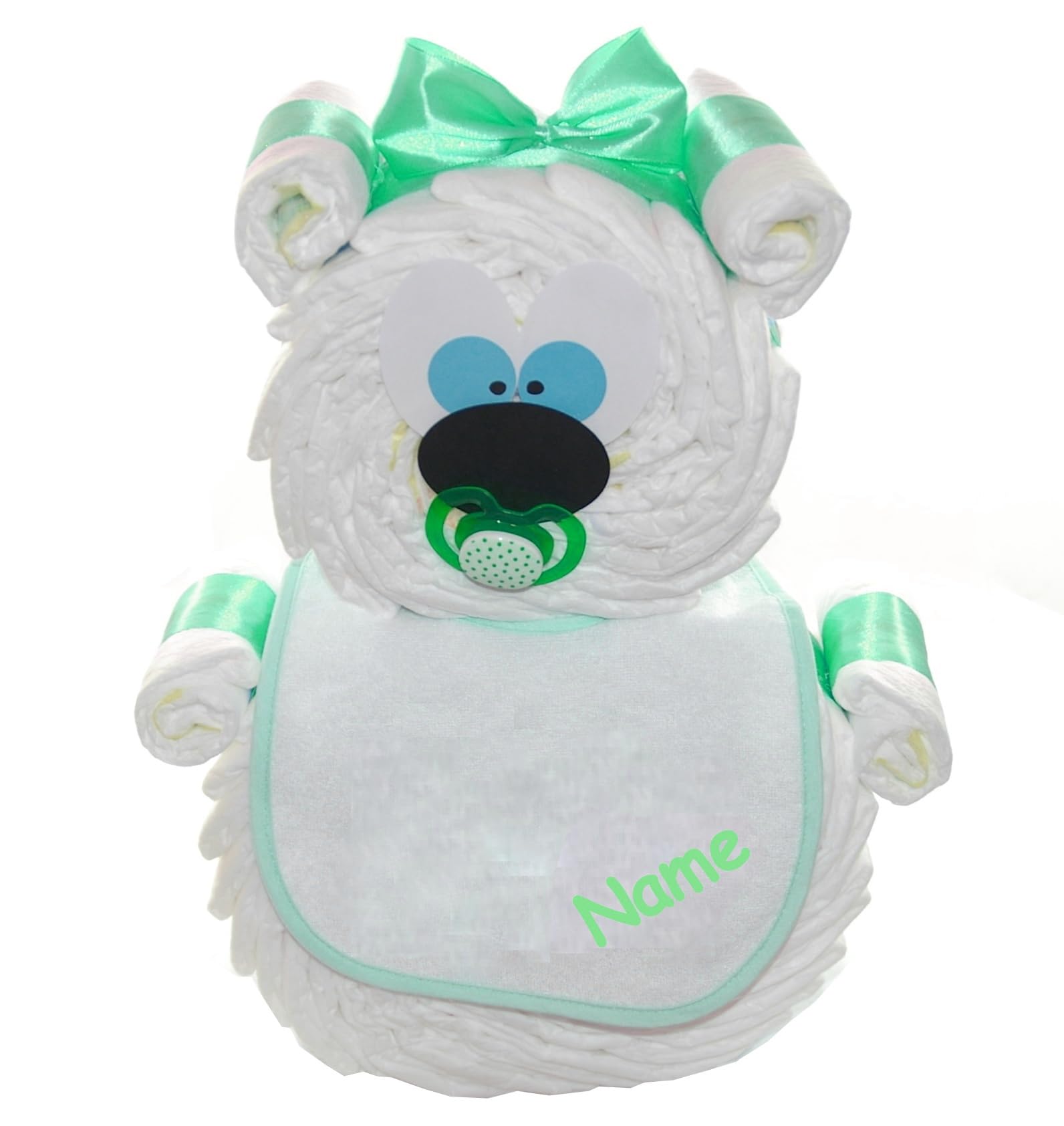 Große Windeltorte Windelbär für Baby türkis | optional Lätzchen mit Name bedruckt | Geschenk zur Geburt, handgefertigt (bedruckt)