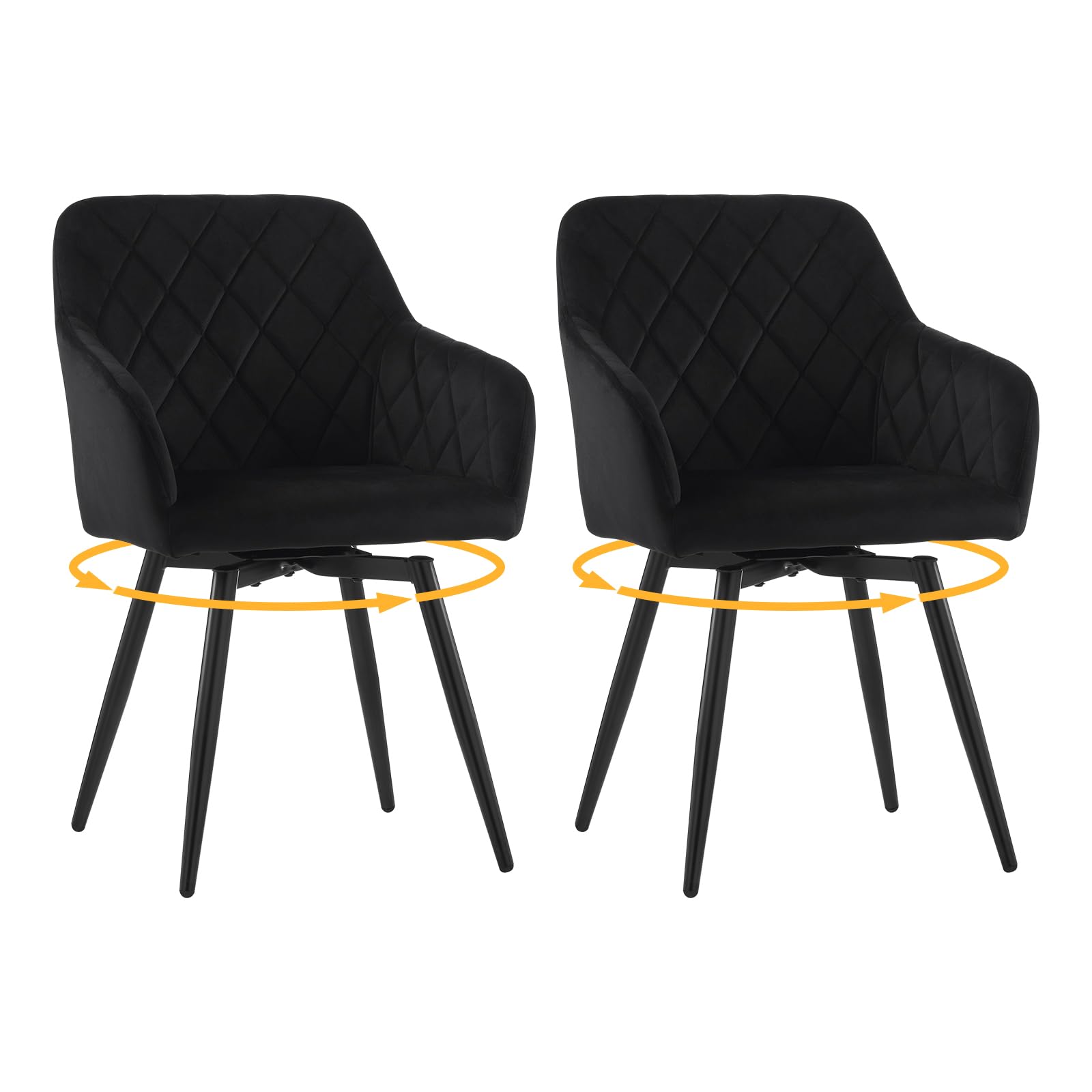 LEMROE 360ยฐ Swivel Dining Chairs Set of 2 Velvet Upholstered Kitchen Counter Accent Chair Ergonomic with Backrest Arms Metal Legs for Home Office Living Bedroom (2, Black)