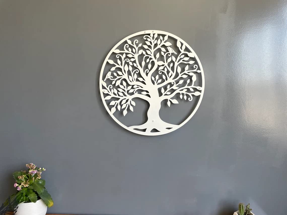 DEKADRON Arte de pared de metal, Arte de pared árbol de la vida, signo de árbol genealógico de metal, blanco (60x60cm)